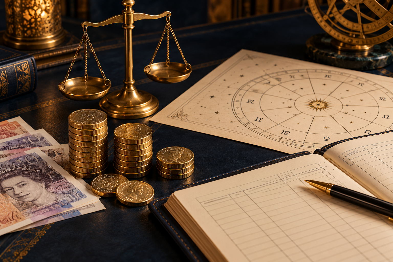 Astrology chart, coins, and a notebook on a consultation table