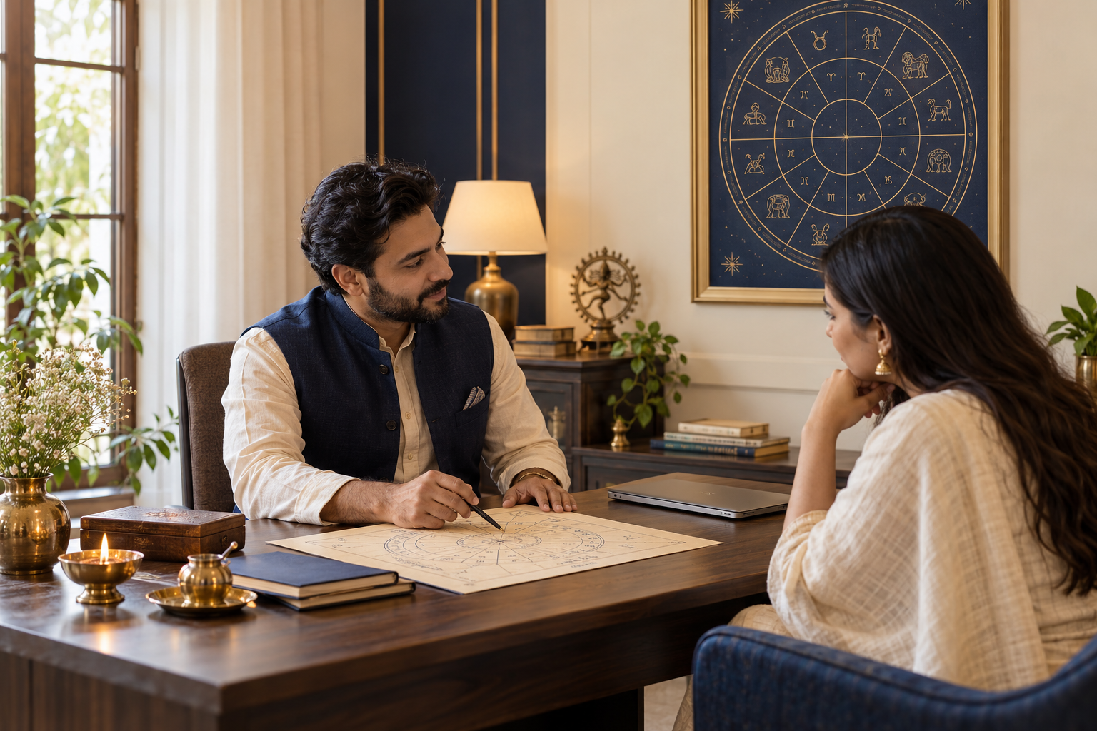 Astrologer meeting with a client in a calm consultation room