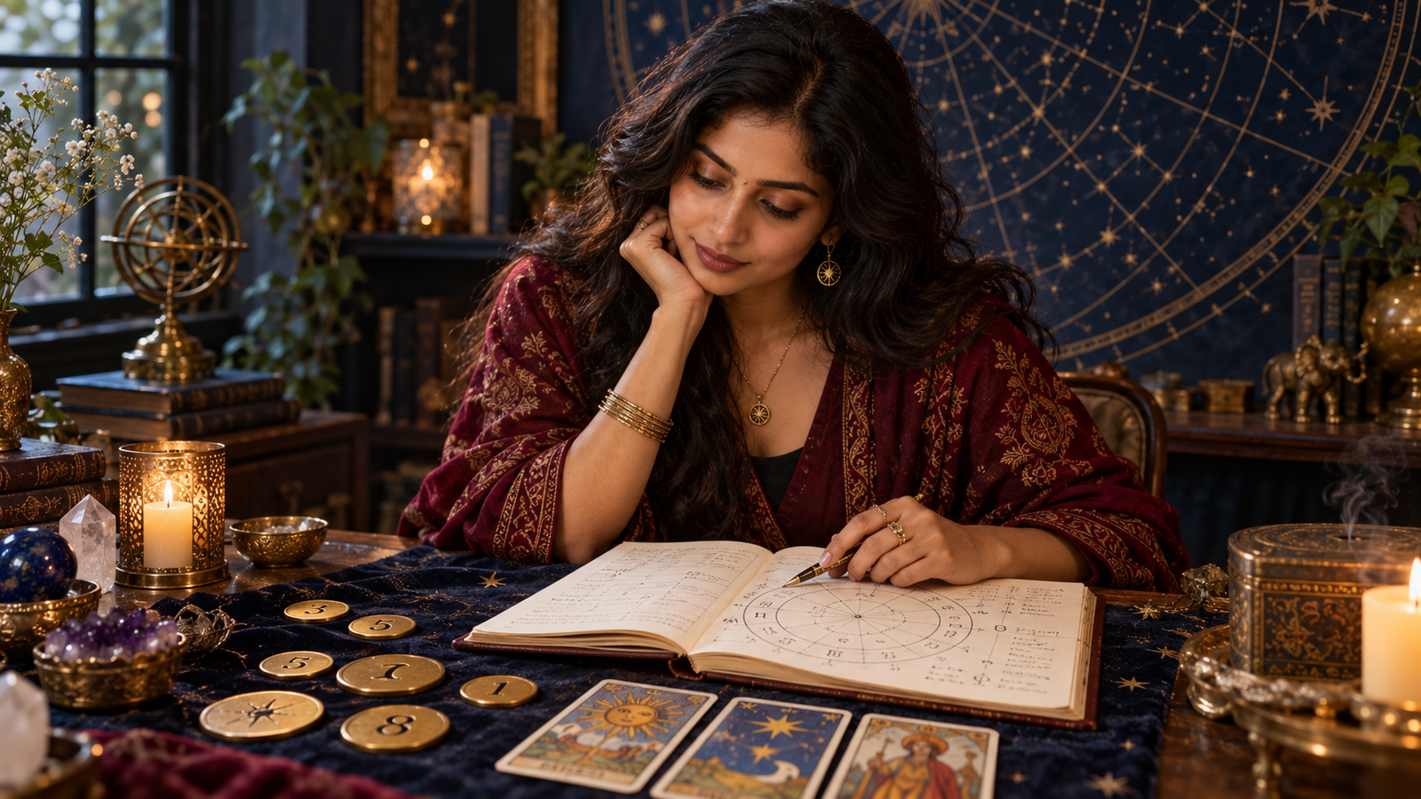 A woman reflecting on lucky number guidance beside a birth chart and golden number tokens