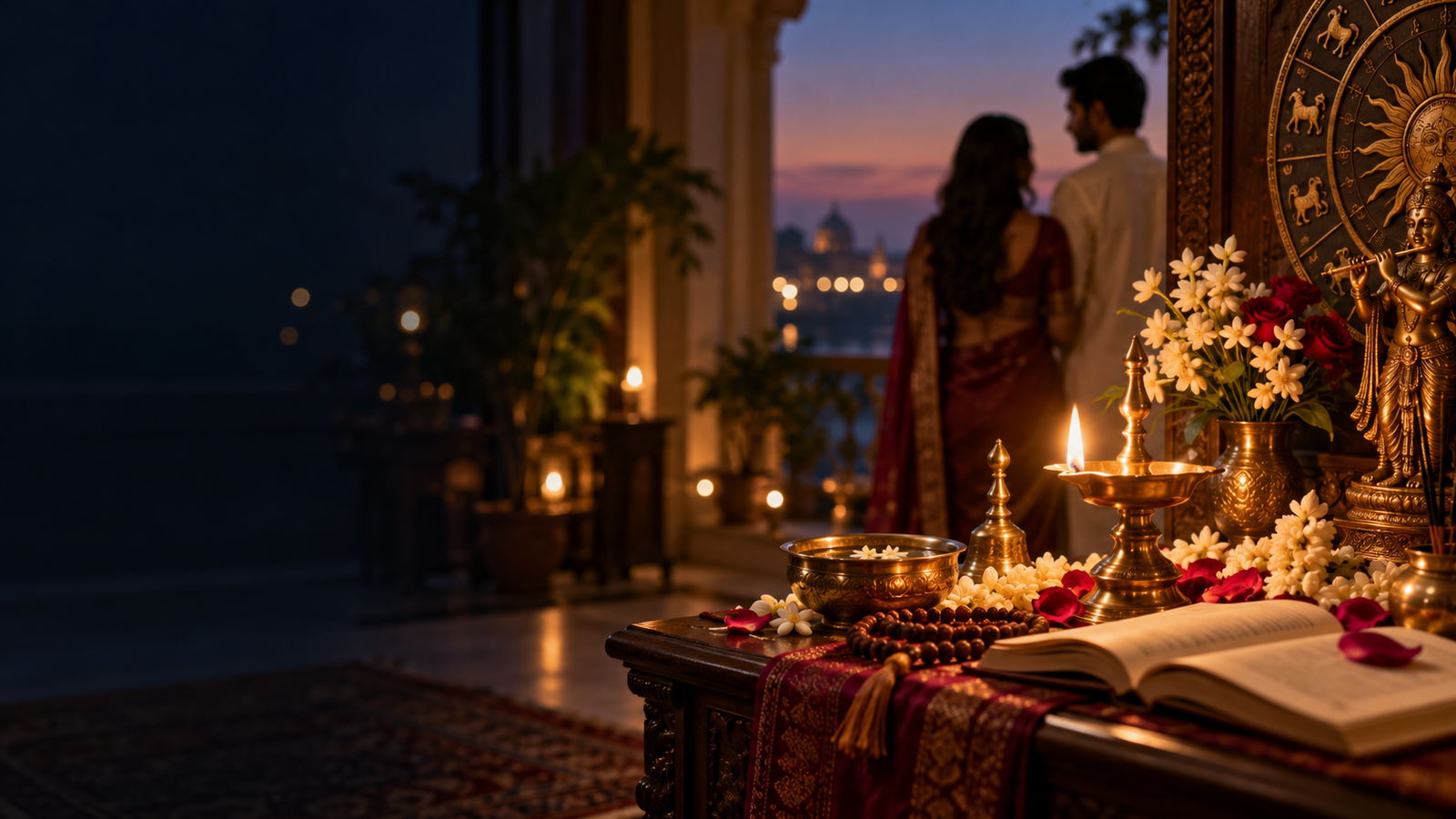 A peaceful prayer setting with a glowing lamp, flowers and subtle astrological details