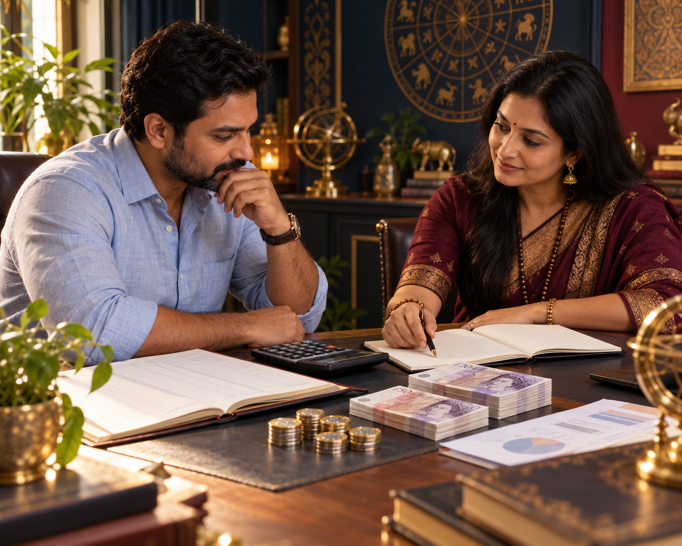 A private financial guidance discussion with budgeting notes, a calculator and money